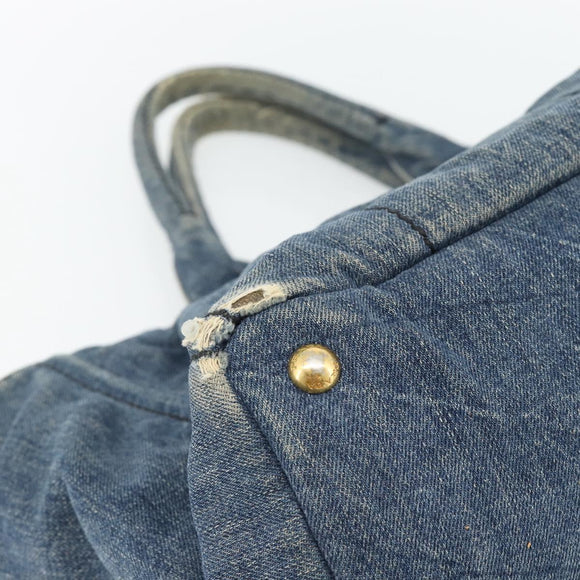 PRADA Canapa MM Hand Bag Denim Blue Gold Auth 180818