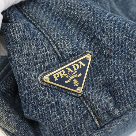 PRADA Canapa MM Hand Bag Denim Blue Gold Auth 180818