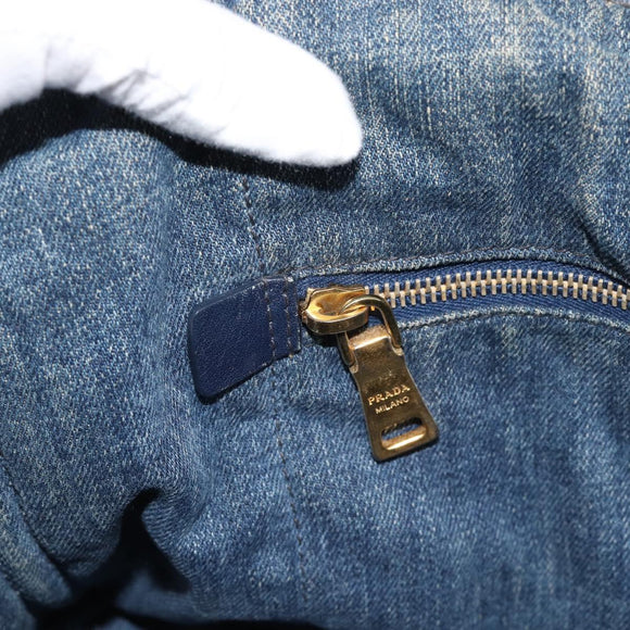 PRADA Canapa MM Hand Bag Denim Blue Gold Auth 180818