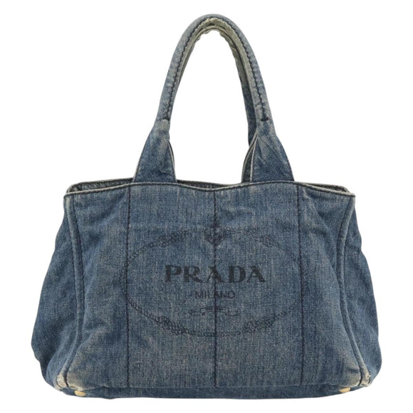 PRADA Canapa MM Hand Bag Denim Blue Gold Auth 180818