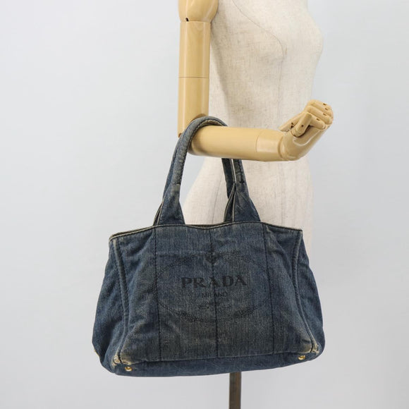 PRADA Canapa MM Hand Bag Denim Blue Gold Auth 180818