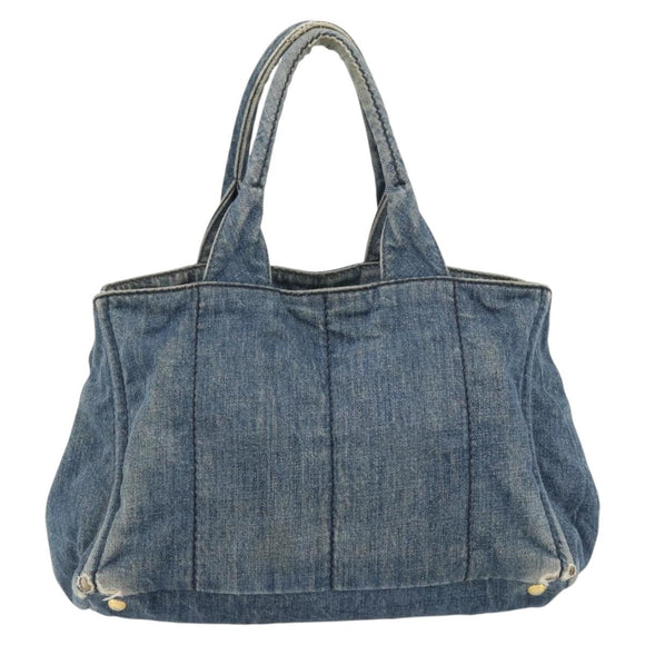 PRADA Canapa MM Hand Bag Denim Blue Gold Auth 180818