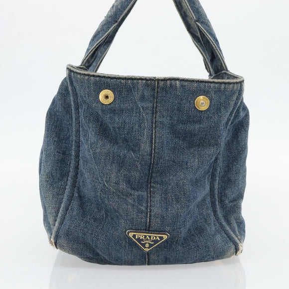 PRADA Canapa MM Hand Bag Denim Blue Gold Auth 180818