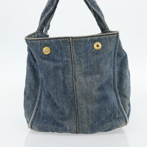 PRADA Canapa MM Hand Bag Denim Blue Gold Auth 180818