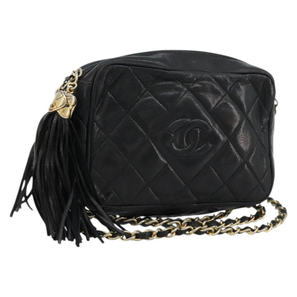 CHANEL Matelasse Chain Shoulder Bag Lamb Skin Black Gold CC Auth 180833A