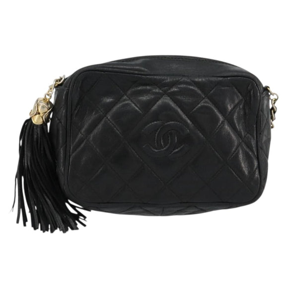 CHANEL Matelasse Chain Shoulder Bag Lamb Skin Black Gold CC Auth 180833A