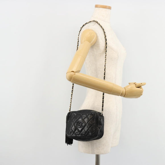 CHANEL Matelasse Chain Shoulder Bag Lamb Skin Black Gold CC Auth 180833A
