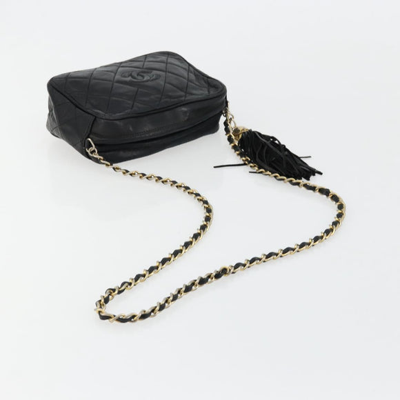 CHANEL Matelasse Chain Shoulder Bag Lamb Skin Black Gold CC Auth 180833A