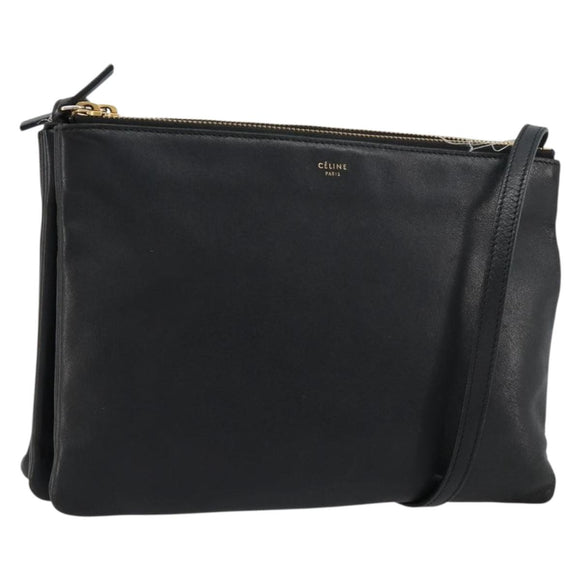 CELINE Trio Umhängetasche Leder Schwarz Gold Auth 180834