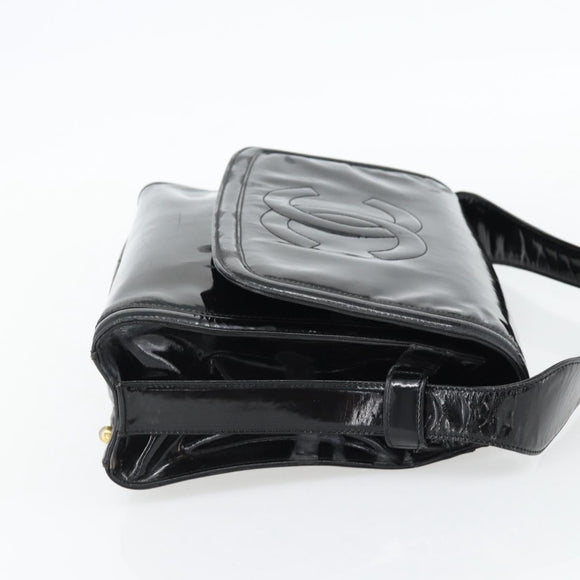 CHANEL Schoudertas Lakleer Zwart Goud CC Auth 180857