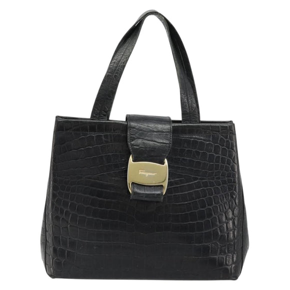 Salvatore Ferragamo Vala Hand Bag Leather Black Gold Auth 180858