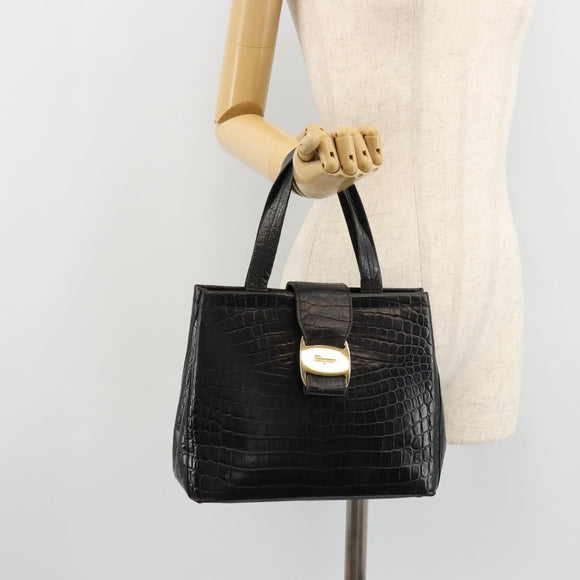 Salvatore Ferragamo Vala Hand Bag Leather Black Gold Auth 180858