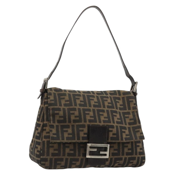 FENDI Zucca Canvas Mamma Baguette Shoulder Bag Brown Black Auth 180861A