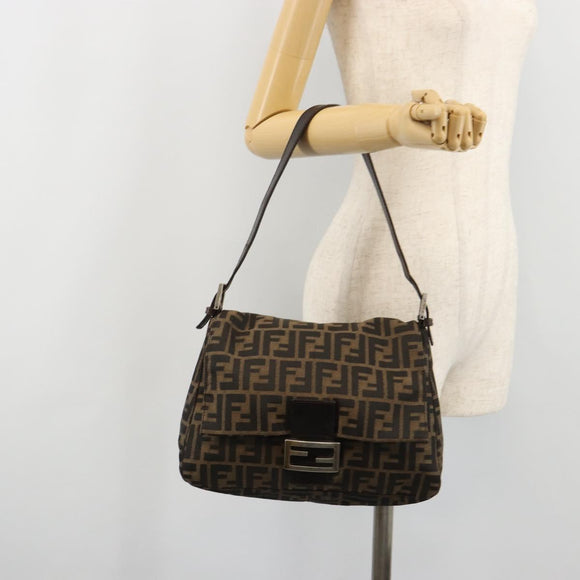 FENDI Zucca Canvas Mamma Baguette Shoulder Bag Brown Black Auth 180861A