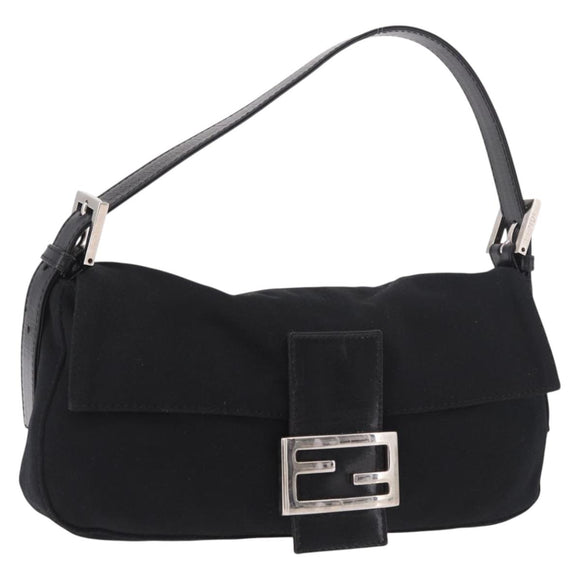 FENDI Mamma Baguette Schultertasche Baumwolljersey Schwarz Silber Auth 180863