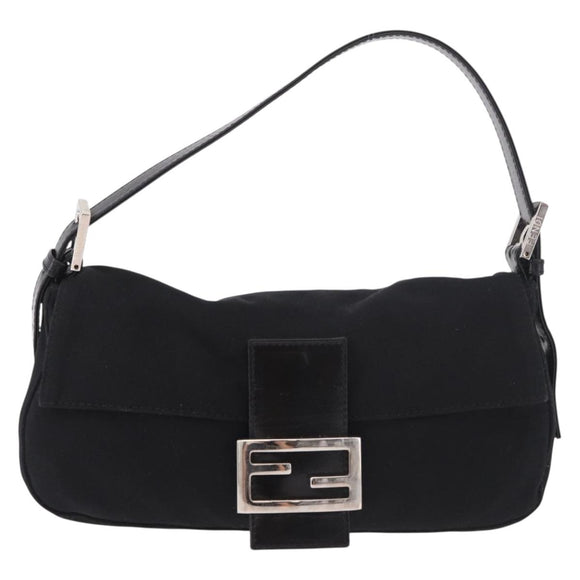 FENDI Mamma Baguette Schultertasche Baumwolljersey Schwarz Silber Auth 180863