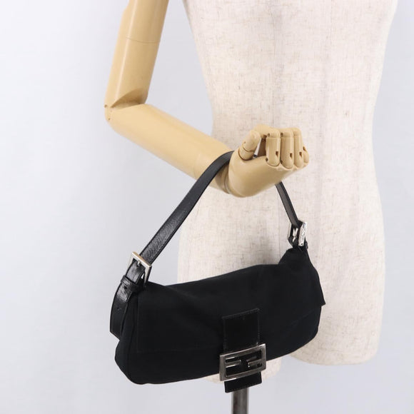 FENDI Mamma Baguette Schultertasche Baumwolljersey Schwarz Silber Auth 180863