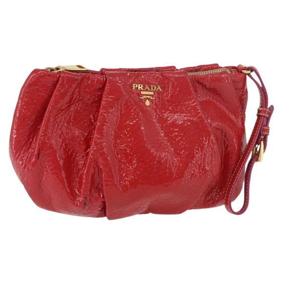 PRADA Pouch Patent leather Red Gold Auth 180864