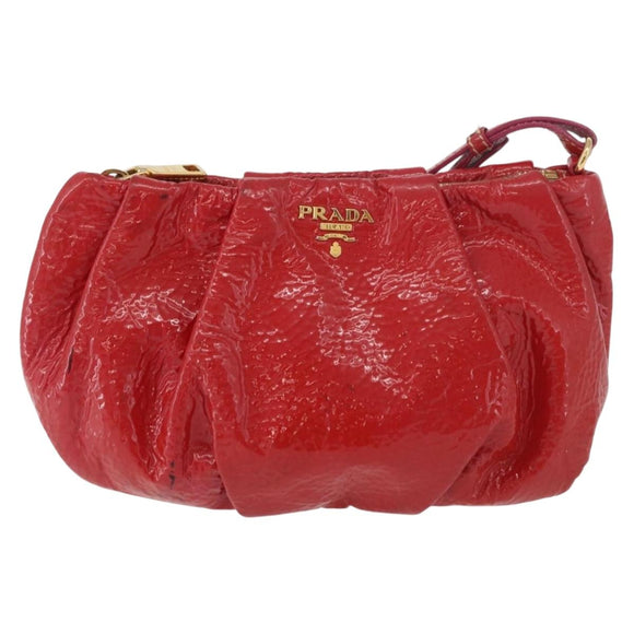 PRADA Pouch Patent leather Red Gold Auth 180864