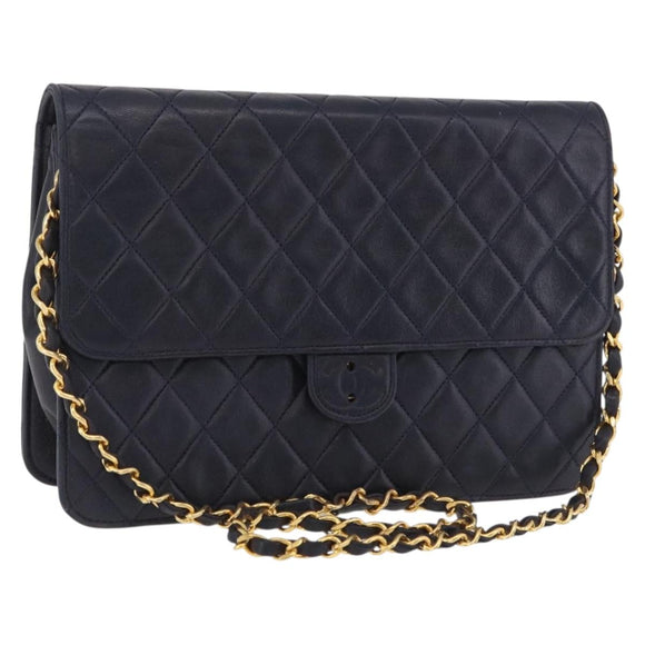 CHANEL Matelasse Chain Shoulder Bag Lamb Skin Black Gold CC Auth 180868