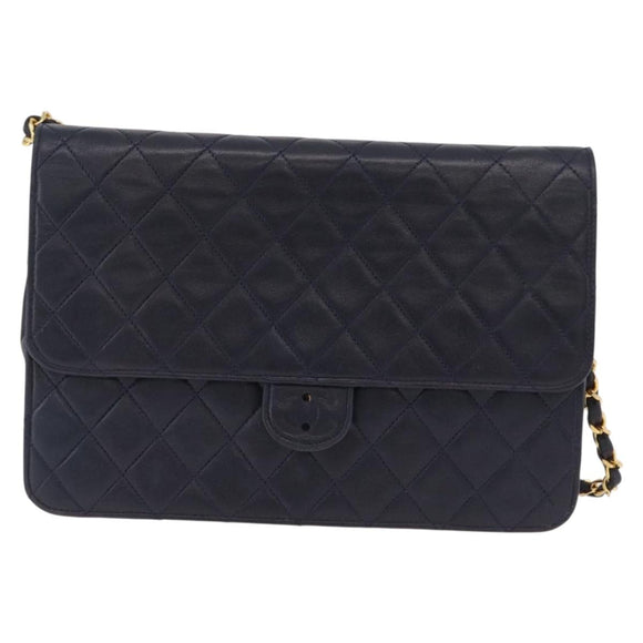 CHANEL Matelasse Chain Shoulder Bag Lamb Skin Black Gold CC Auth 180868