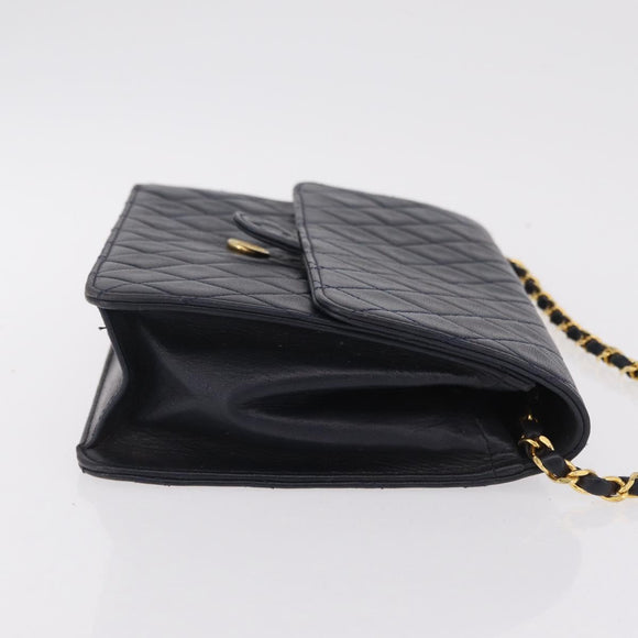 CHANEL Matelasse Chain Shoulder Bag Lamb Skin Black Gold CC Auth 180868