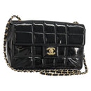 CHANEL Choco Bar Chain Shoulder Bag patent Black Gold CC Auth 180869SAV-1