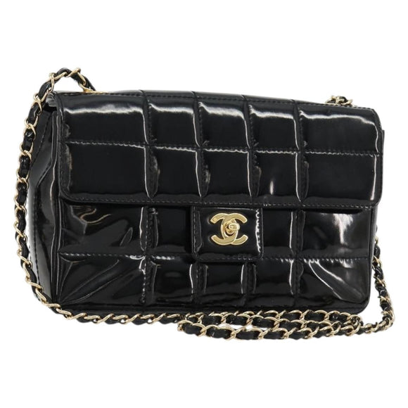 CHANEL Choco Bar Chain Shoulder Bag patent Black Gold CC Auth 180869SAV