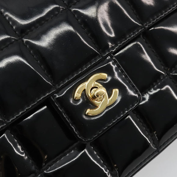 CHANEL Choco Bar Chain Shoulder Bag patent Black Gold CC Auth 180869SAV