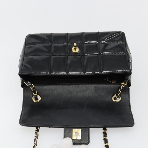 CHANEL Choco Bar Chain Shoulder Bag patent Black Gold CC Auth 180869SAV