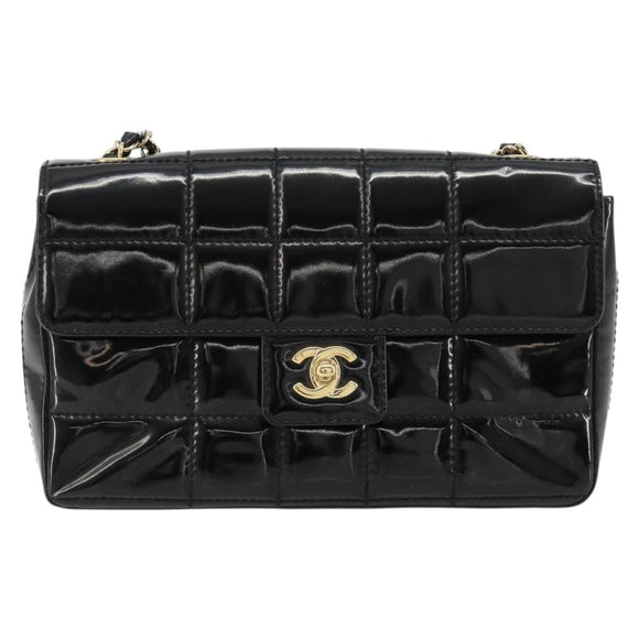 CHANEL Choco Bar Chain Shoulder Bag patent Black Gold CC Auth 180869SAV