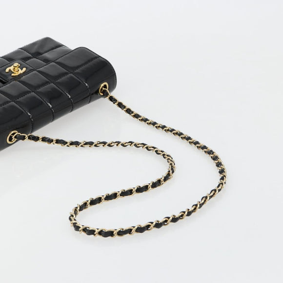 CHANEL Choco Bar Chain Shoulder Bag patent Black Gold CC Auth 180869SAV