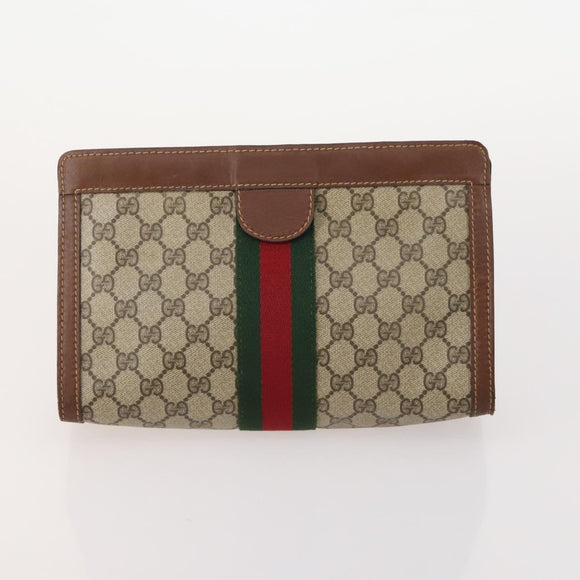 GUCCI GG Supreme Web Sherry Line Clutch Bag PVC 4 Set Beige Gold Auth 180890
