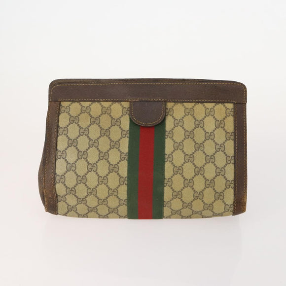 GUCCI GG Supreme Web Sherry Line Clutch Bag PVC 4 Set Beige Gold Auth 180890