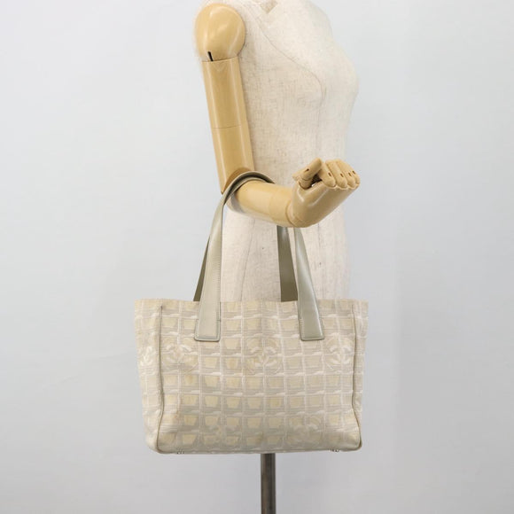 CHANEL New Travel Line Tote Bag Nylon Beige Silver CC Auth 180920