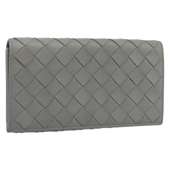 BOTTEGA VENETA MAXI INTRECCIATO Long Wallet Leather Gray Gold Auth 180930A