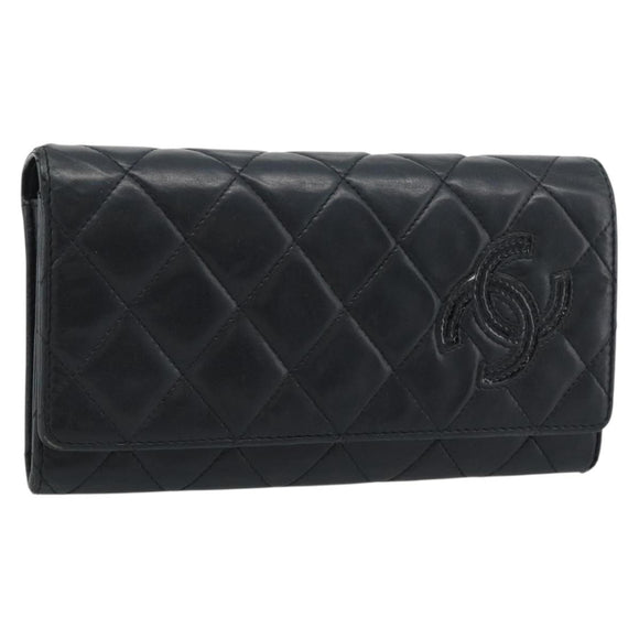 CHANEL Matelasse Long Wallet Lamb Skin Black Silver CC Auth 180932