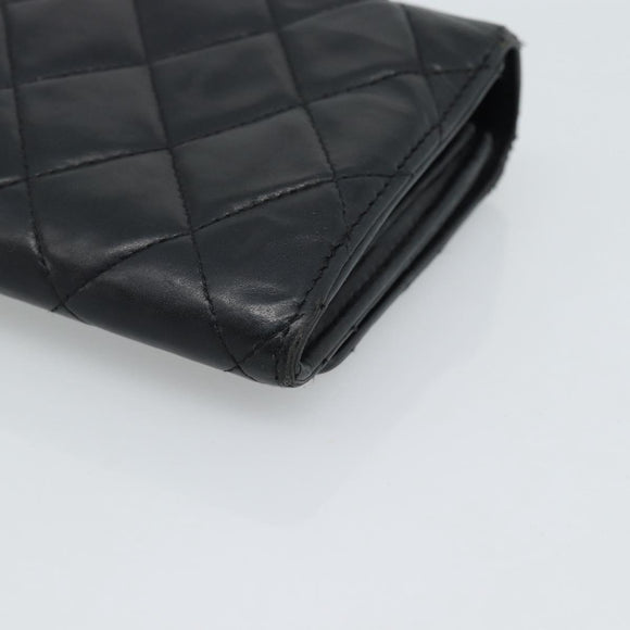 CHANEL Matelasse Long Wallet Lamb Skin Black Silver CC Auth 180932