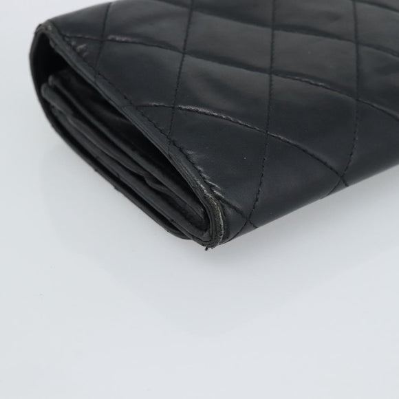 CHANEL Matelasse Long Wallet Lamb Skin Black Silver CC Auth 180932