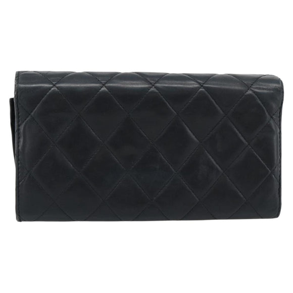 CHANEL Matelasse Long Wallet Lamb Skin Black Silver CC Auth 180932
