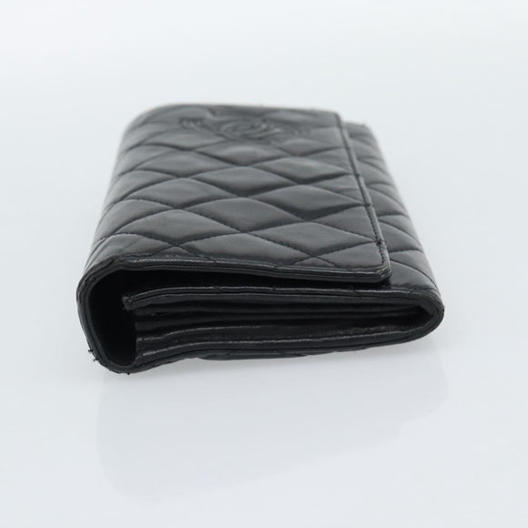 CHANEL Matelasse Long Wallet Lamb Skin Black Silver CC Auth 180932