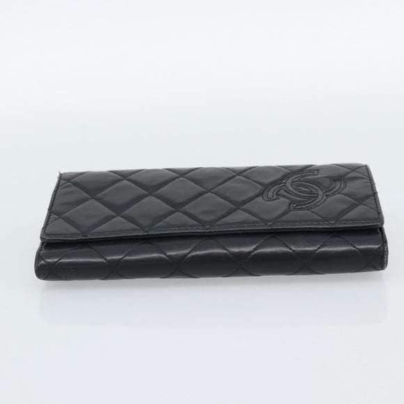 CHANEL Matelasse Long Wallet Lamb Skin Black Silver CC Auth 180932