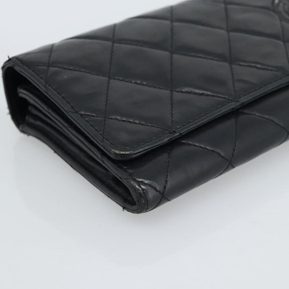 CHANEL Matelasse Long Wallet Lamb Skin Black Silver CC Auth 180932