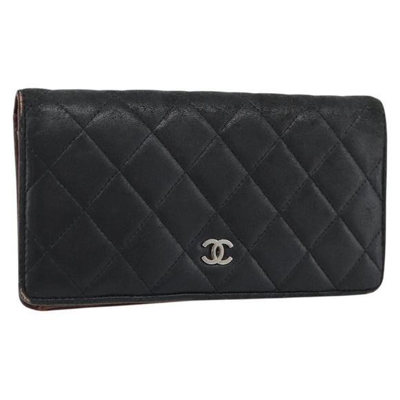 CHANEL Matelasse Long Wallet Lamb Skin Black Silver CC Auth 180933