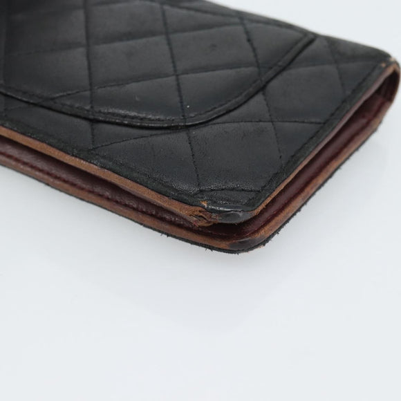 CHANEL Matelasse Long Wallet Lamb Skin Black Silver CC Auth 180933