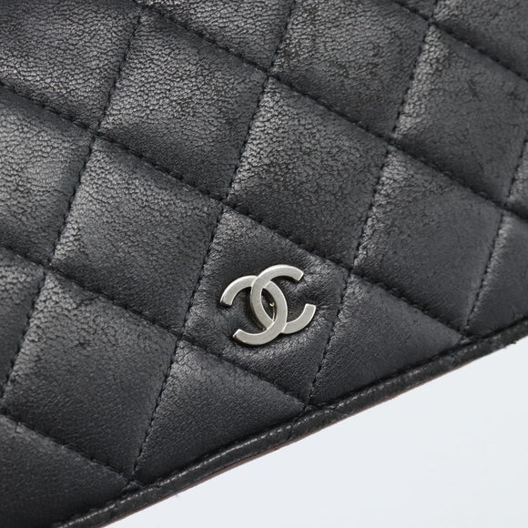 CHANEL Matelasse Long Wallet Lamb Skin Black Silver CC Auth 180933
