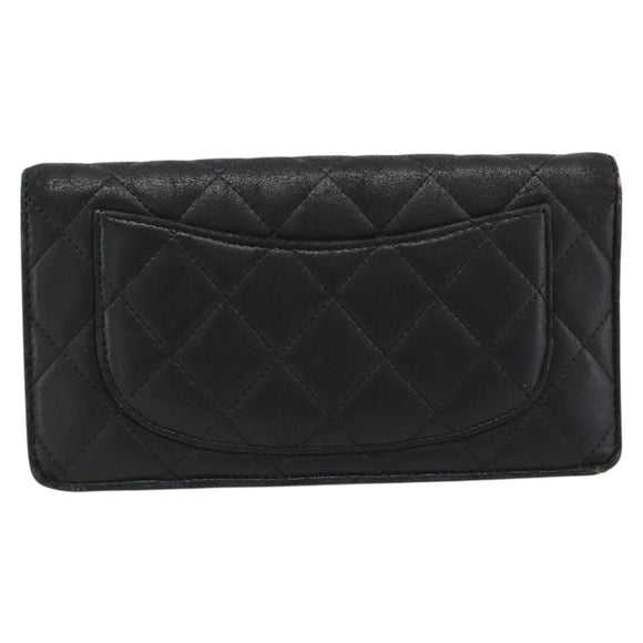 CHANEL Matelasse Long Wallet Lamb Skin Black Silver CC Auth 180933