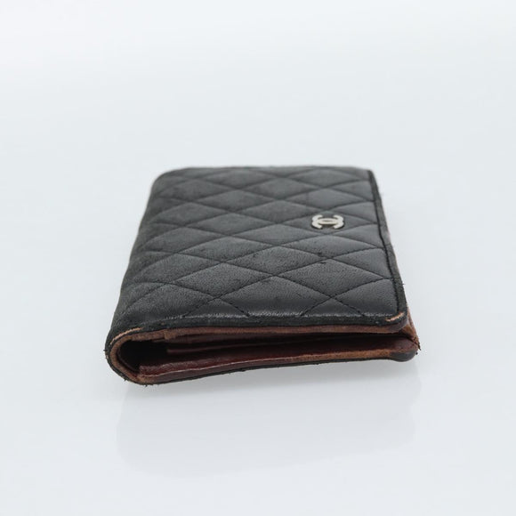 CHANEL Matelasse Long Wallet Lamb Skin Black Silver CC Auth 180933