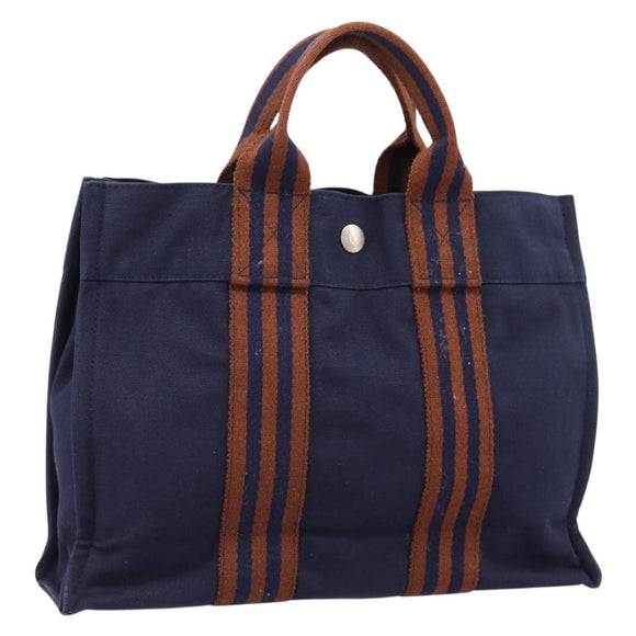 HERMES Fourre Tout PM Hand Bag Canvas Navy Silver Auth 180974