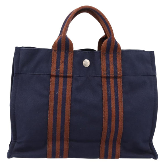 HERMES Fourre Tout PM Hand Bag Canvas Navy Silver Auth 180974